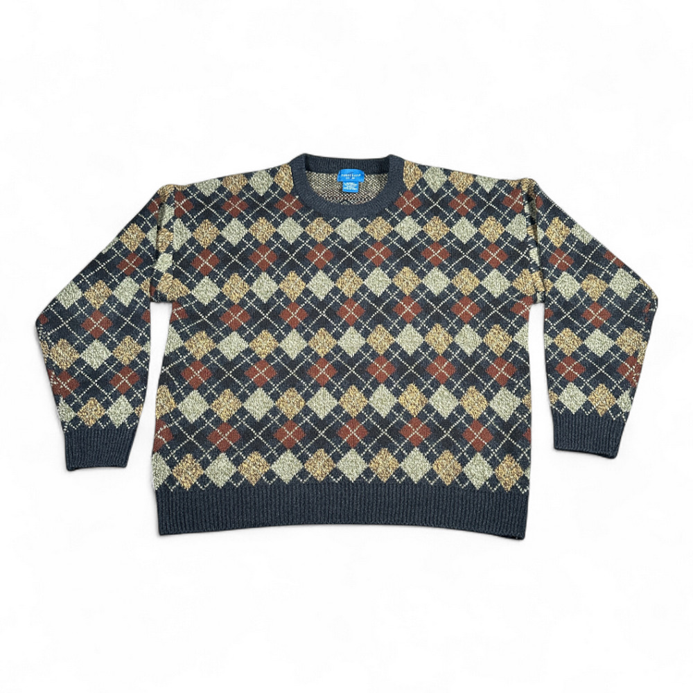 Vintage Towncraft Sweater Adult EXTRA LARGE Black Brown Argyle Knit Autumn 90s